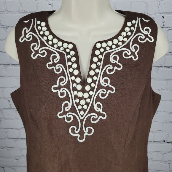 Talbots Brown 100% Linen Rhinestone Sleeveless Cotton Lined Sheath Dress 6P - Picture 6 of 11